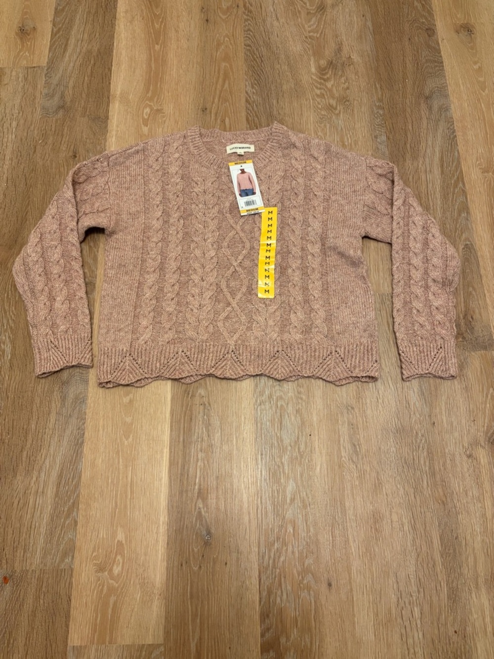 NWT Lucky Brand Pointelle Cable Knit Scalloped Sweater Pink Heather Size Medium